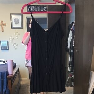 Black Button-Front Spaghetti Strap Dress - Women Size L